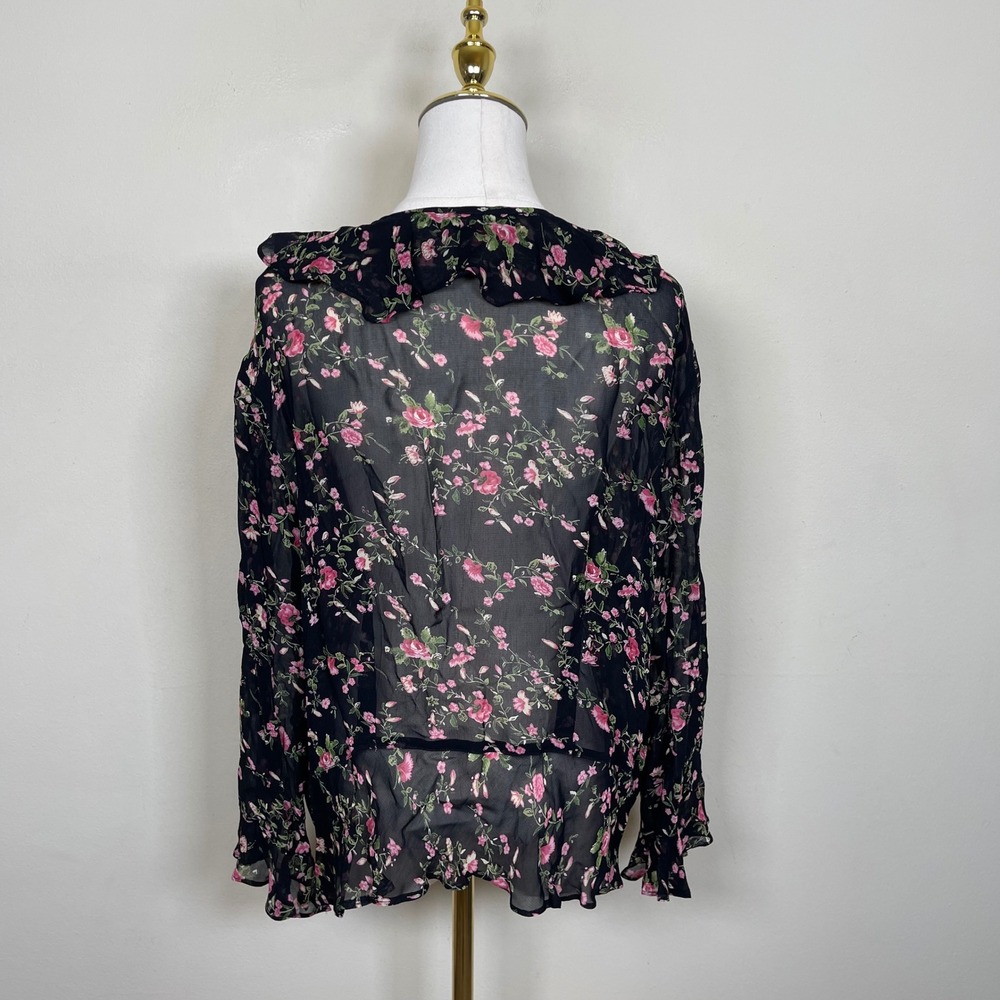 Vintage Paradise Plus Cardigan Women 1X Black Pink Floral Ruffle Tie Front Sheer - Picture 7 of 10